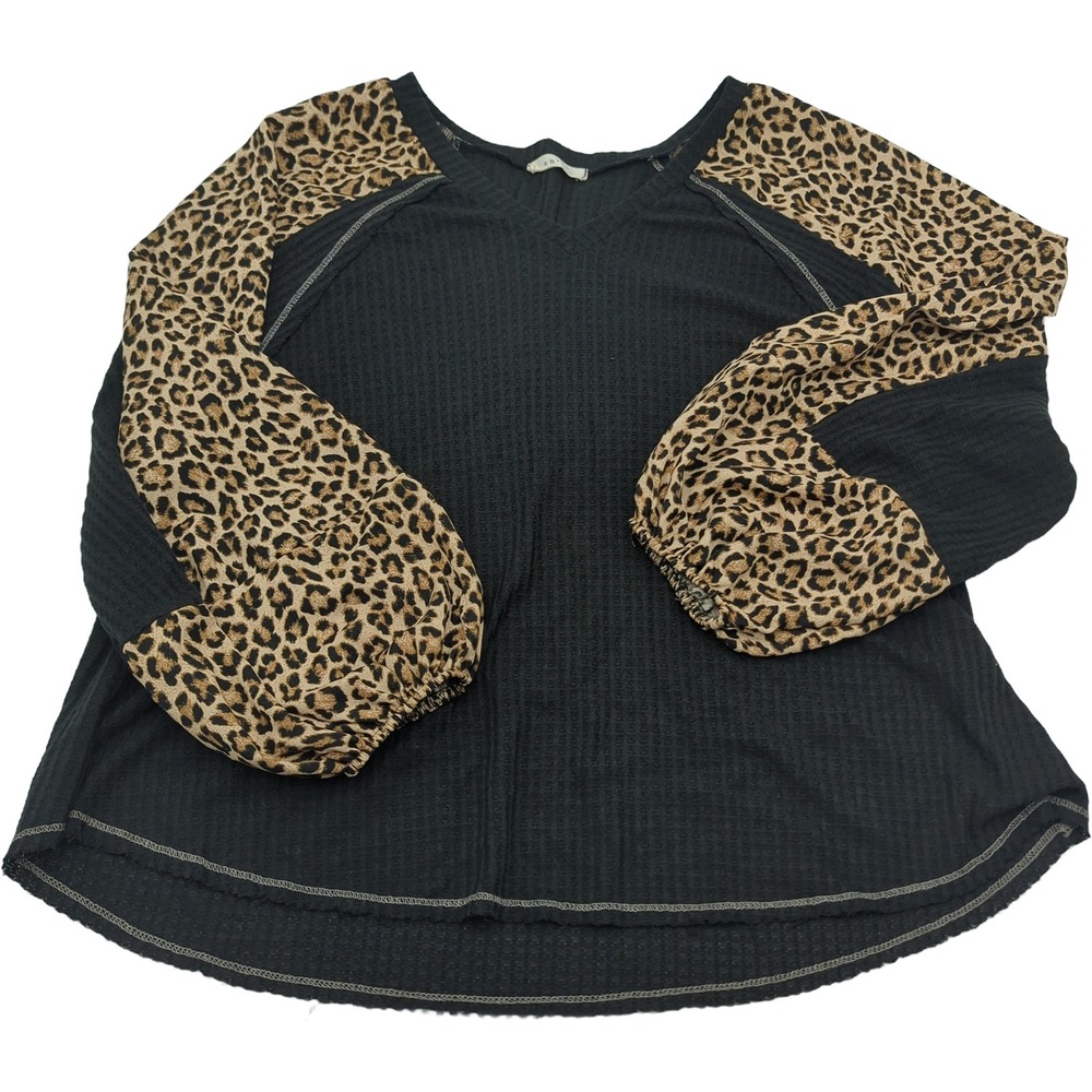 Entro Black Waffle Knit V-Neck Top Leopard Print Contrast Sleeves Large 4943
